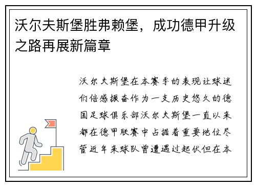 沃尔夫斯堡胜弗赖堡，成功德甲升级之路再展新篇章