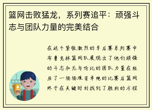 篮网击败猛龙，系列赛追平：顽强斗志与团队力量的完美结合